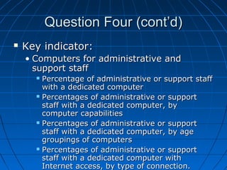 Question Four (cont’d)


Key indicator:
• Computers for administrative and
support staff
Percentage of administrative or support staff
with a dedicated computer
 Percentages of administrative or support
staff with a dedicated computer, by
computer capabilities
 Percentages of administrative or support
staff with a dedicated computer, by age
groupings of computers
 Percentages of administrative or support
staff with a dedicated computer with
Internet access, by type of connection.


 