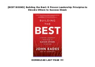 [BEST BOOKS] Building the Best: 8 Proven Leadership Principles to
Elevate Others to Success Ebook
DONWLOAD LAST PAGE !!!!
Build a world-class team culture with proven principles from renowned "Follow My Lead" podcaster and business leader John EadesOrganizational culture has undergone a seismic shift in the 21st century--and with it, the requirements of leadership. In Building the Best, LearnLoft CEO John Eades takes you on a journey of transformation that will equip you with the tools you need to become the kind of cutting-edge leader today's workplace so urgently needs."Leadership is about empowering, inspiring, and serving in order to elevate others over an extended period of time. You are the perfect person to live this out every day." Eades's powerful words form the backbone of this groundbreaking guide to cultivating leadership at its highest level.Beginning with the benefits of great leadership--and the drawbacks of bad leadership--Eades offers real-life examples of leaders who elevate others, and how their practices have paid huge dividends. At its core is a carefully balanced blend of "love and discipline"--a guiding principle that helps create high levels of performance by leaning on standards while at the same time caring about the long-term success and well-being of each team member.Through these proven practices, you'll learn to: - Identify your current leadership style - Rely on the "purpose trifecta" to guide your team- Be a leader who properly leverages the "Acts of Accountability" model- Create a "Maximizing Mantra" to produce energy and results- Develop the skills of others by understanding the "4 Stages of Role Development"Leadership is a journey, not a destination. Building the Best offers a powerful blueprint for embarking on that journey--the first step in taking your team or organization toward true greatness.
 