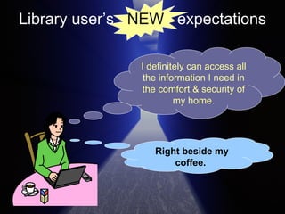 Library user’s  NEW   expectations I definitely can access all the information I need in the comfort & security of my home. Right beside my coffee.  