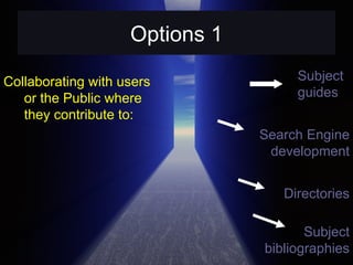 Options 1 Collaborating with users or the Public where they contribute to: Subject guides Directories Search Engine development Subject bibliographies 