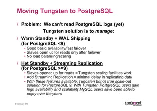 Moving Tungsten to PostgreSQL

  /  Problem: We can’t read PostgreSQL logs (yet)
                      Tungsten solution is to manage:
  /  Warm Standby + WAL Shipping
     (for PostgreSQL <9)
           •  Good basic availability/fast failover
           •  Slaves open up for reads only after failover
           •  No load balancing/scaling
  /  Hot Standby + Streaming Replication
     (for PostgreSQL >=9)
           •  Slaves opened up for reads = Tungsten scaling facilities work
           •  Add Streaming Replication = minimal delay in replicating data
           •  With these features available, Tungsten brings true scale-out
              solution for PostgreSQL 9. With Tungsten PostgreSQL users gain
              high availability and scalability MySQL users have been able to
              enjoy over the years

© Continuent 2010
 