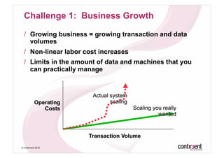 Challenge 1: Business Growth

  /  Growing business = growing transaction and data
     volumes
  /  Non-linear labor cost increases
  /  Limits in the amount of data and machines that you
     can practically manage




© Continuent 2010
 