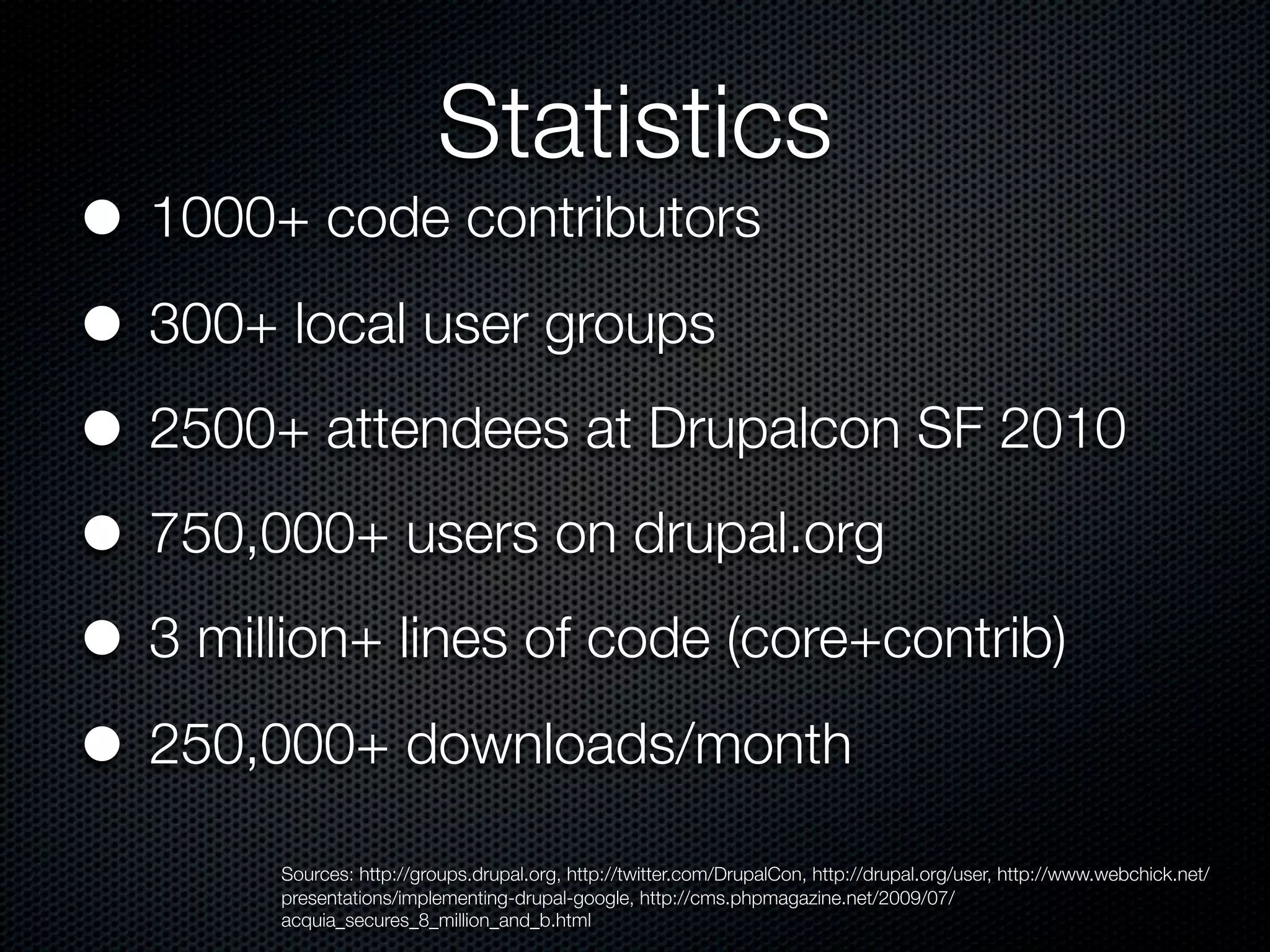 Statistics
• 1000+ code contributors
• 300+ local user groups
• 2500+ attendees at Drupalcon SF 2010
• 750,000+ users on drupal.org
• 3 million+ lines of code (core+contrib)
• 250,000+ downloads/month
       Sources: http://groups.drupal.org, http://twitter.com/DrupalCon, http://drupal.org/user, http://www.webchick.net/
       presentations/implementing-drupal-google, http://cms.phpmagazine.net/2009/07/
       acquia_secures_8_million_and_b.html
 