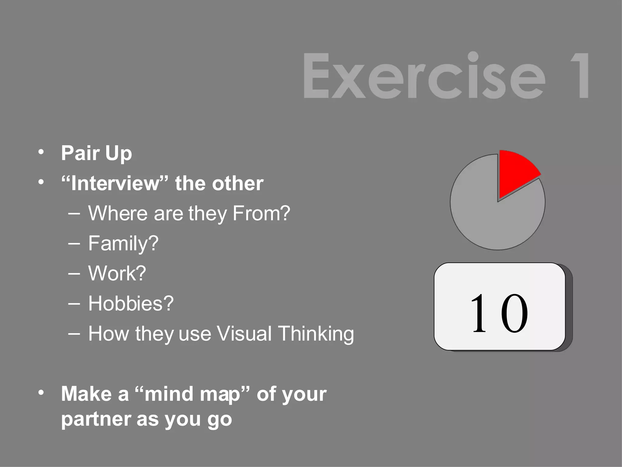 Pair Up “ Interview” the other Where are they From? Family? Work? Hobbies? How they use Visual Thinking Make a “mind map” of your partner as you go Exercise 1 10 