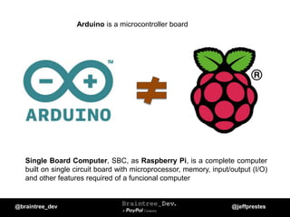 Arduino is a microcontroller board
Single Board Computer, SBC, as Raspberry Pi, is a complete computer
built on single circuit board with microprocessor, memory, input/output (I/O)
and other features required of a funcional computer
@braintree_dev @jeffprestes
 