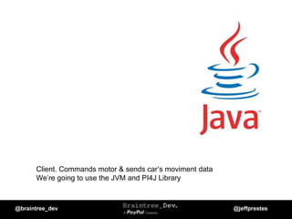 Client. Commands motor & sends car’s moviment data
We’re going to use the JVM and PI4J Library
@braintree_dev @jeffprestes
 