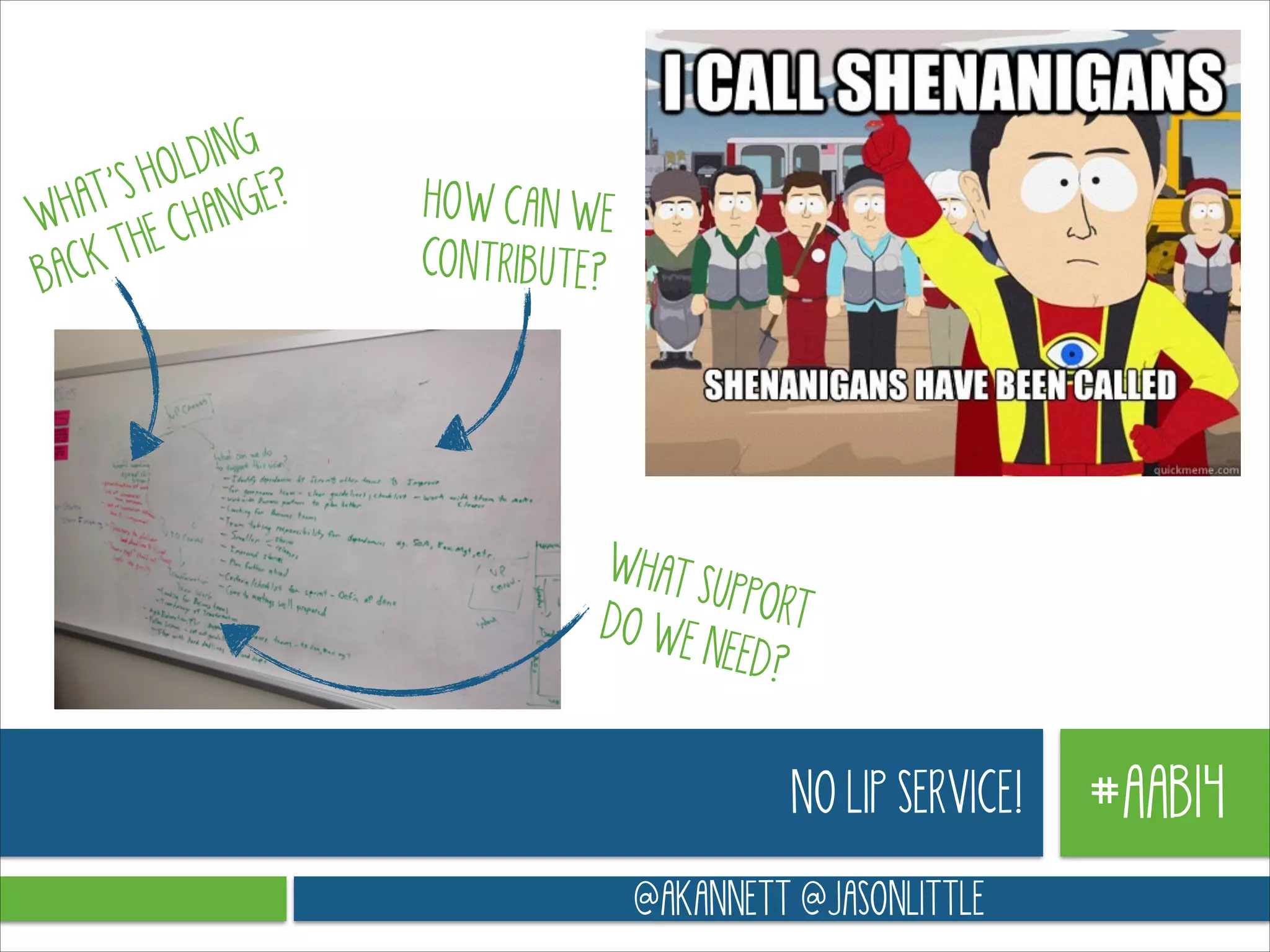 ING
HOLD E?
AT’S HANG
WH
HE C
CK T
BA

HOW CAN WE
CONTRIBUTE?

WHAT
SUPPOR
T
DO WE
NEED?

NO LIP SERVICE!
@AKANNETT @JASONLITTLE

#AAB14

 
