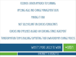 FEEDBACK-DRIVEN APPROACH TO PLANNING
!

APPLYING AGILE AND CHANGE MANAGEMENT IDEAS
!

MAKING IT FUN!!
!

NOT SOLEY RELIANT ON COACHES/CONSULTANTS
!

COACHES AND EMPLOYEES ALIGNED VIA COACHING STANCE AGREEMENT
!

TRANSFORMATION TEAM IS BUILDING/SUPPORTING THEIR OWN ROADMAP/CHANGE PROCESS

WHY IT’S MORE LIKELY TO WORK
@AKANNETT @JASONLITTLE

#AAB14

 