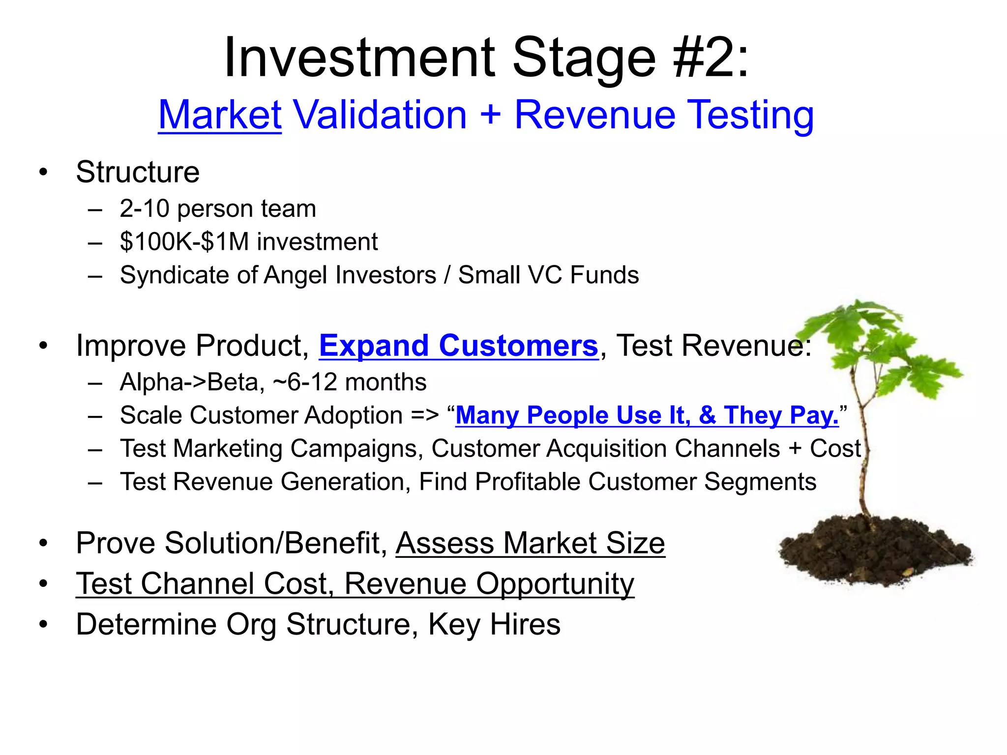 Investment Stage #2:
Market Validation + Revenue Testing
• Structure
– 2-10 person team
– $100K-$1M investment
– Syndicate of Angel Investors / Small VC Funds
• Improve Product, Expand Customers, Test Revenue:
– Alpha->Beta, ~6-12 months
– Scale Customer Adoption => “Many People Use It, & They Pay.”
– Test Marketing Campaigns, Customer Acquisition Channels + Cost
– Test Revenue Generation, Find Profitable Customer Segments
• Prove Solution/Benefit, Assess Market Size
• Test Channel Cost, Revenue Opportunity
• Determine Org Structure, Key Hires
 