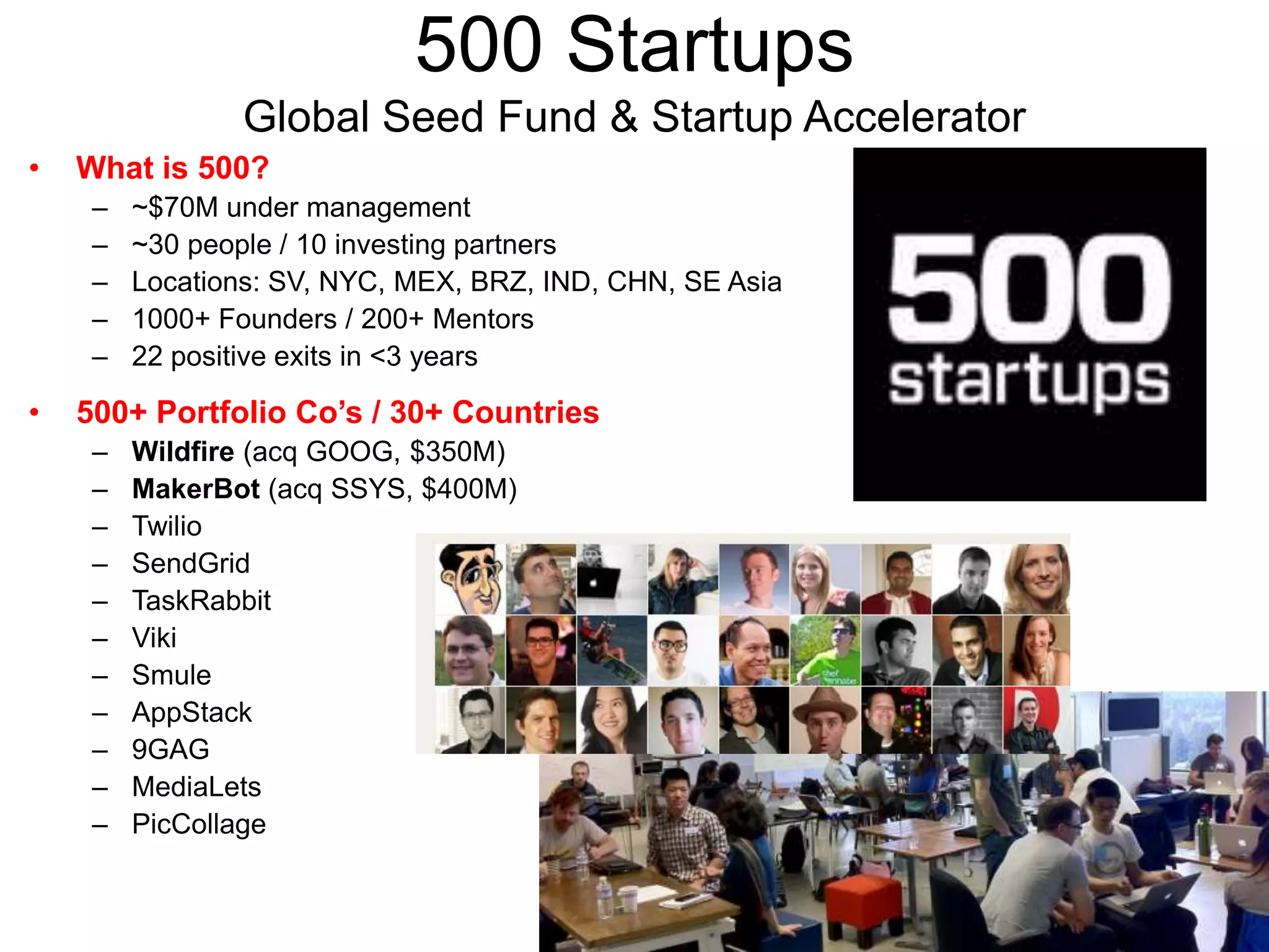 500 Startups
Global Seed Fund & Startup Accelerator
• What is 500?
– ~$70M under management
– ~30 people / 10 investing partners
– Locations: SV, NYC, MEX, BRZ, IND, CHN, SE Asia
– 1000+ Founders / 200+ Mentors
– 22 positive exits in <3 years
• 500+ Portfolio Co’s / 30+ Countries
– Wildfire (acq GOOG, $350M)
– MakerBot (acq SSYS, $400M)
– Twilio
– SendGrid
– TaskRabbit
– Viki
– Smule
– AppStack
– 9GAG
– MediaLets
– PicCollage
 
