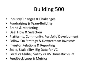Building 500
• Industry Changes & Challenges
• Fundraising & Team-Building
• Brand & Marketing
• Deal Flow & Selection
• Platforms, Community, Portfolio Development
• Follow-On Strategy & Downstream Investors
• Investor Relations & Reporting
• Scale, Scalability, Big Data for VC
• Local vs Global, Valley vs US Domestic vs Intl
• Feedback Loop & Metrics
 