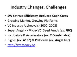 Industry Changes, Challenges
• SW Startup Efficiency, Reduced CapX Costs
• Growing Market, Growing Platforms
• VC Industry Upheavals (2000, 2008)
• Super Angel -> Micro VC: Seed Funds (ex: FRC)
• Incubators & Accelerators (ex: Y Combinator)
• Big VC (ex: A16Z) & Platforms (ex: Angel List)
• http://PreMoney.co
 