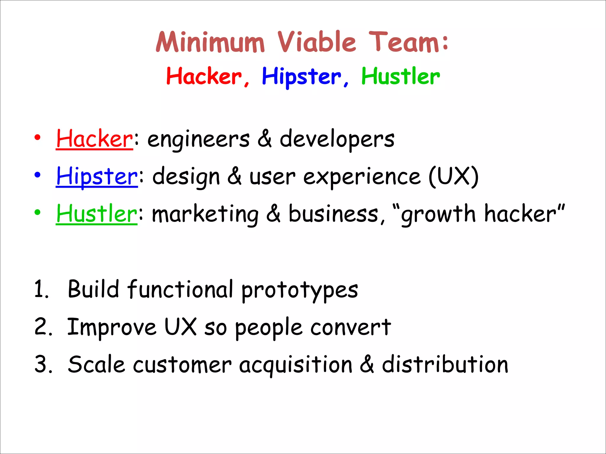Minimum Viable Team: 
Hacker, Hipster, Hustler

• Hacker: engineers & developers
• Hipster: design & user experience (UX)
• Hustler: marketing & business, “growth hacker”
!

1. Build functional prototypes
2. Improve UX so people convert
3. Scale customer acquisition & distribution

 