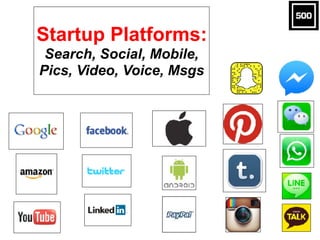 Startup Platforms: 
Search, Social, Mobile,
Pics, Video, Voice, Msgs
 