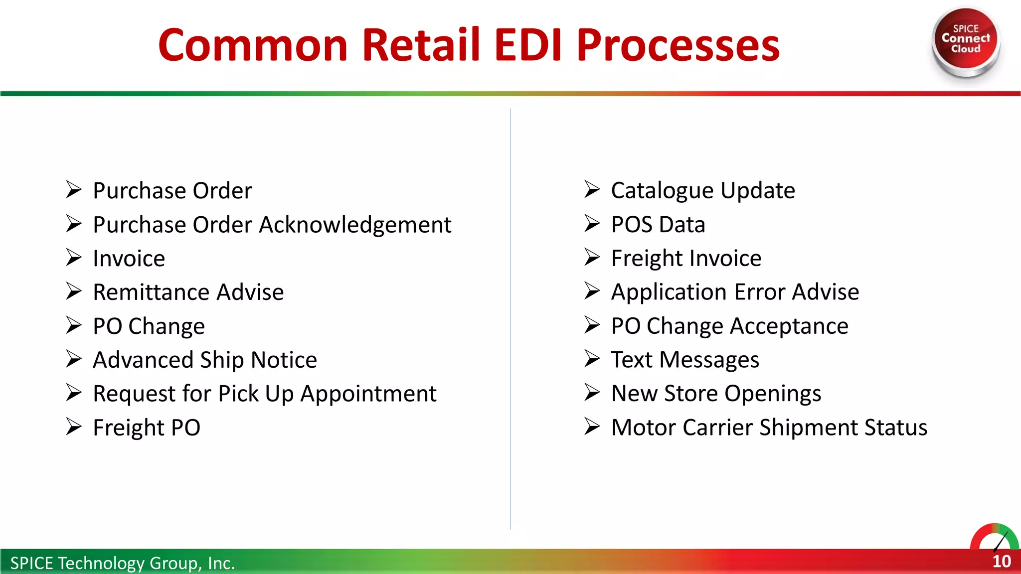 Common Retail EDI Processes
SPICE Technology Group, Inc. 10
 Catalogue Update
 POS Data
 Freight Invoice
 Application Error Advise
 PO Change Acceptance
 Text Messages
 New Store Openings
 Motor Carrier Shipment Status
 Purchase Order
 Purchase Order Acknowledgement
 Invoice
 Remittance Advise
 PO Change
 Advanced Ship Notice
 Request for Pick Up Appointment
 Freight PO
 