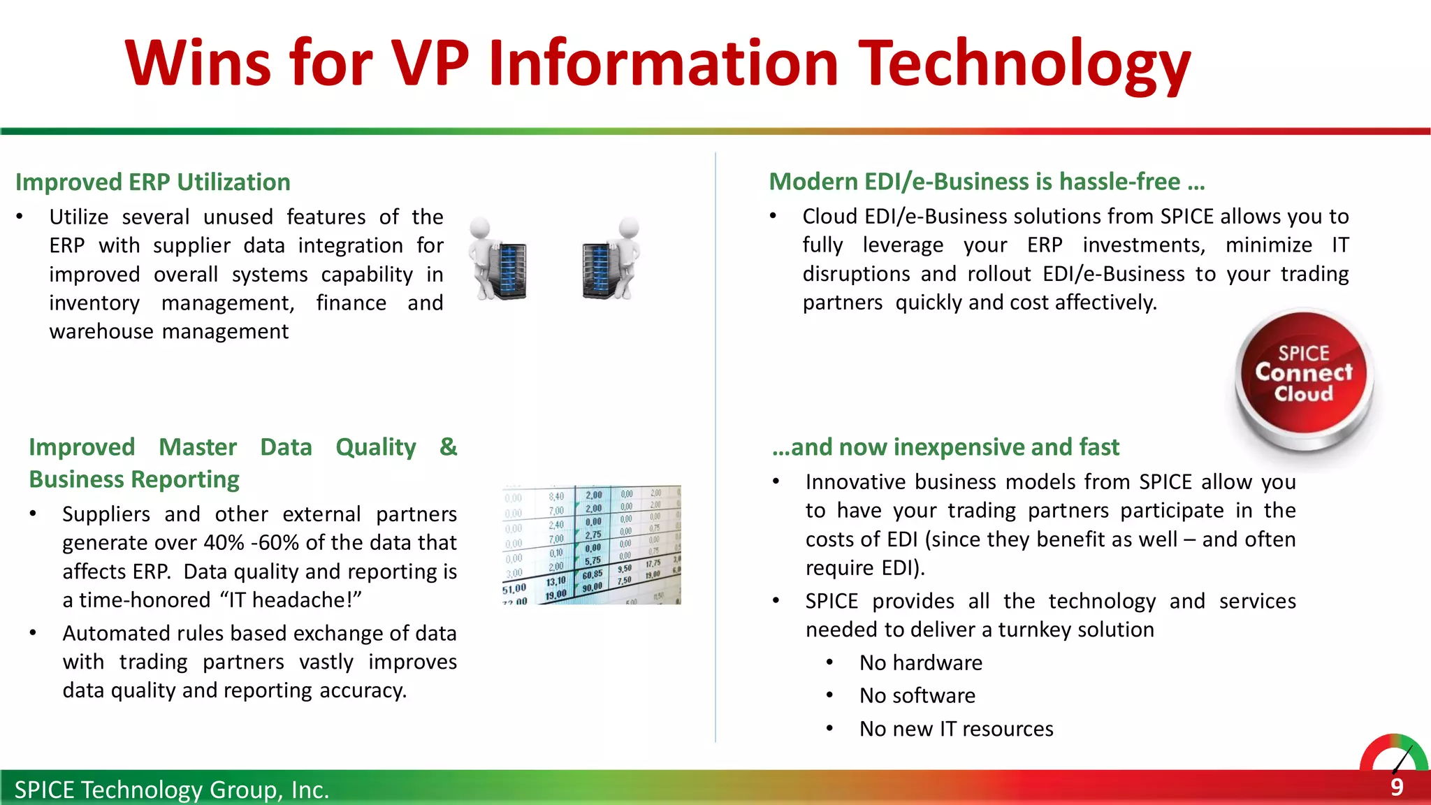 Wins for VP Information Technology
SPICE Technology Group, Inc. 9
Improved ERP Utilization
• Utilize several unused features of the
ERP with supplier data integration for
improved overall systems capability in
inventory management, finance and
warehouse management
Improved Master Data Quality &
Business Reporting
• Suppliers and other external partners
generate over 40% -60% of the data that
affects ERP. Data quality and reporting is
a time-honored “IT headache!”
• Automated rules based exchange of data
with trading partners vastly improves
data quality and reporting accuracy.
Modern EDI/e-Business is hassle-free …
• Cloud EDI/e-Business solutions from SPICE allows you to
fully leverage your ERP investments, minimize IT
disruptions and rollout EDI/e-Business to your trading
partners quickly and cost affectively.
…and now inexpensive and fast
• Innovative business models from SPICE allow you
to have your trading partners participate in the
costs of EDI (since they benefit as well – and often
require EDI).
• SPICE provides all the technology and services
needed to deliver a turnkey solution
• No hardware
• No software
• No new IT resources
 