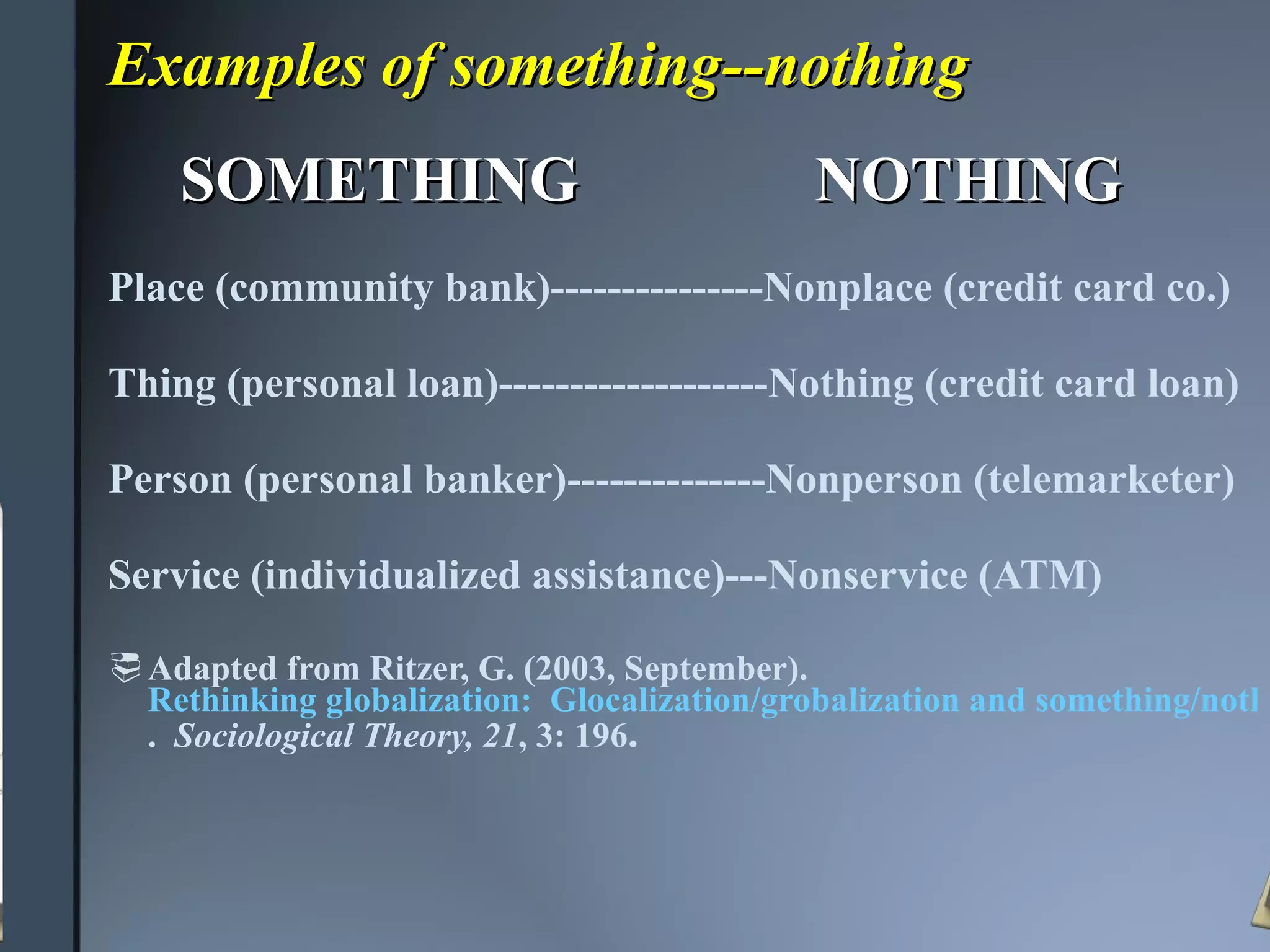 Examples of something--nothing SOMETHING NOTHING Place (community bank)---------------Nonplace (credit card co.) Thing (personal loan)-------------------Nothing (credit card loan) Person (personal banker)--------------Nonperson (telemarketer) Service (individualized assistance)---Nonservice (ATM) Adapted from Ritzer, G. (2003, September).  Rethinking globalization:  Glocalization/grobalization and something/nothing .  Sociological Theory, 21 , 3: 196 . 