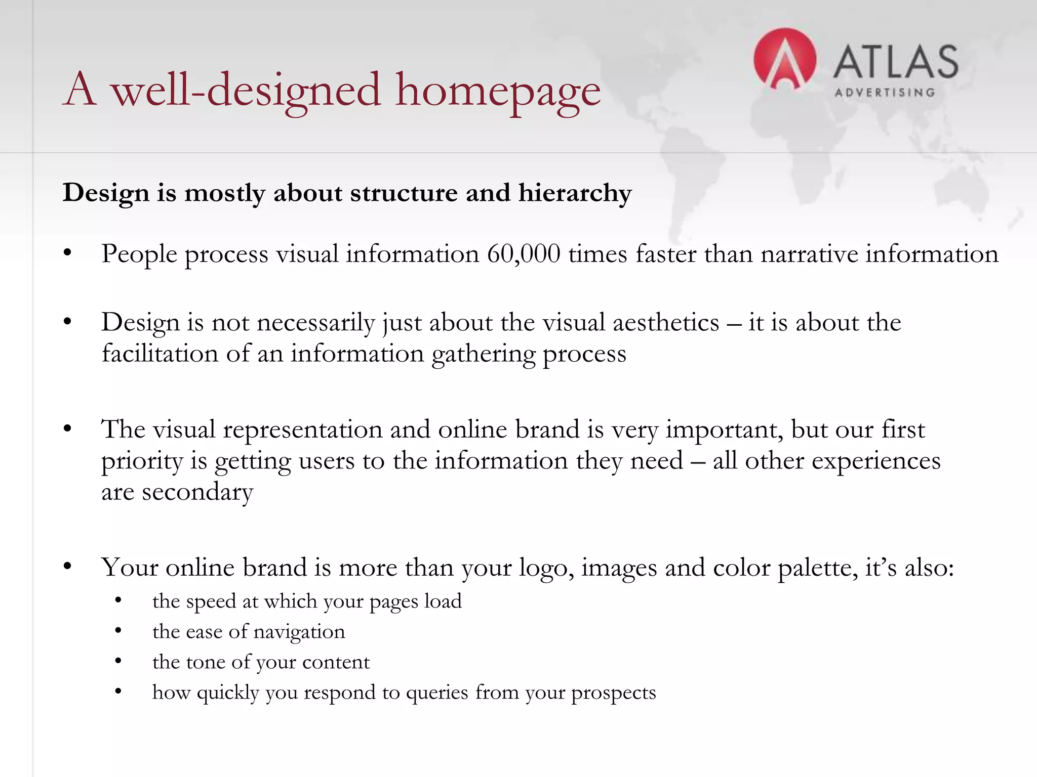 DiscoveryGoal: Setting the tone for a successful, on-time, on-budget deliveryAudience identification and hierarchyOnly one audience at the top of the hierarchy – don’t muddlePositioningPositioning statements help establish and differentiate your product and service in the eyes of your customers.  What is the service/product? Who is it for? How is it different from the competition? What makes it unique?  Project Purpose – creating a common guideline for everyone to followA reference point for all design and IA decisions as we move forward Effective Information ArchitectureWhat are the needs and wants of your main audiences?  How are their needs translated into a hierarchy of information?