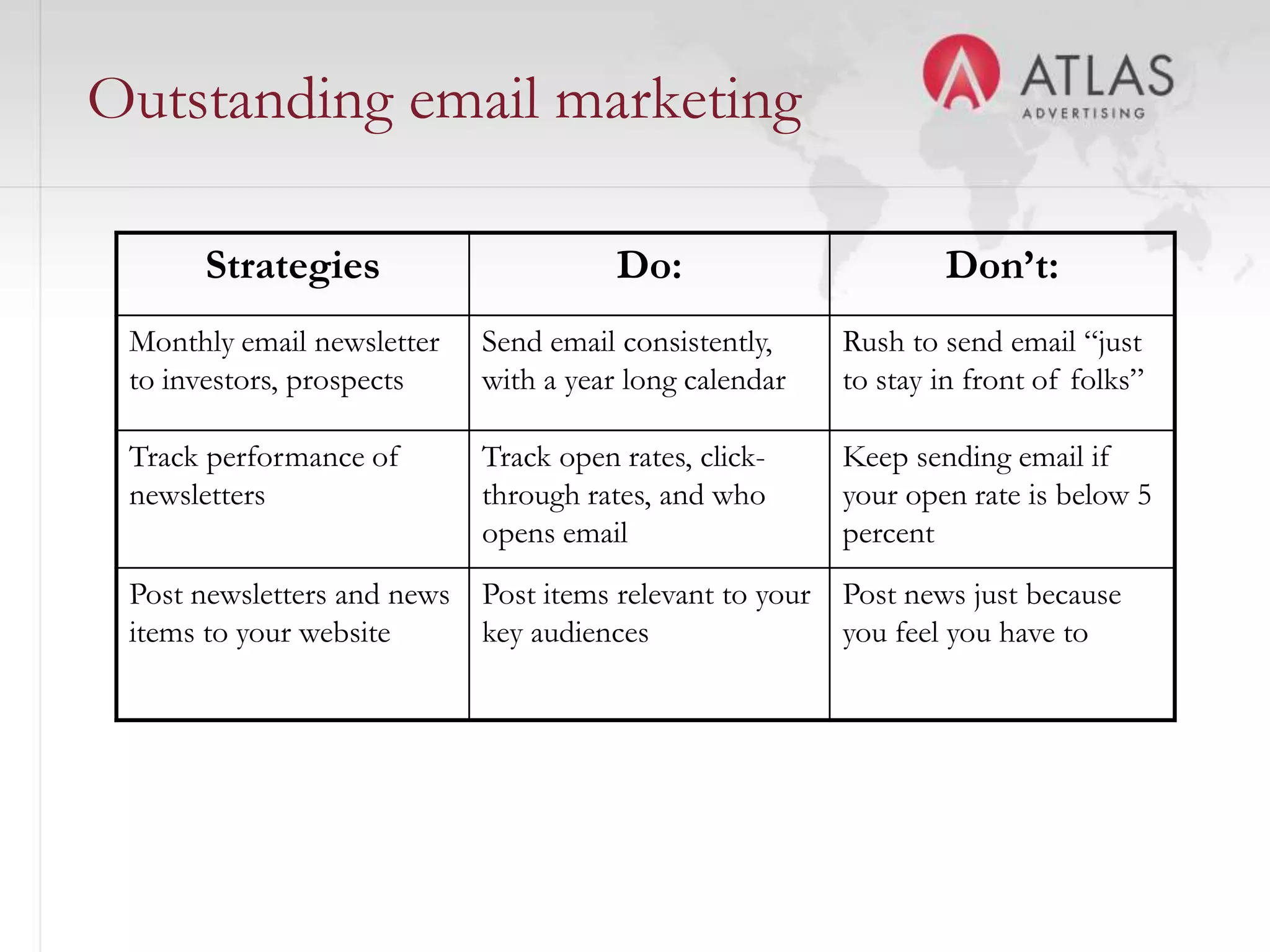 Eight components of a world-class ED websiteAuthenticity of place branding and messagingClarity of navigation Depth and quality of contentUse of search marketing approachesUse of email marketing and news sectionsFrequent performance trackingUse of maps and GIS technologyUse of social media
