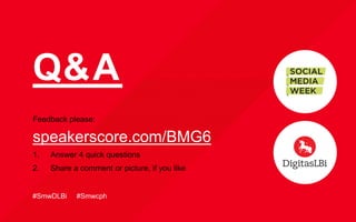 Feedback please:
speakerscore.com/BMG6
1. Answer 4 quick questions
2. Share a comment or picture, if you like
Q&A
#SmwDLBi...
