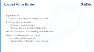 • Read barrier
‒ Tests all object references as they are loaded
• Enforces two invariants
‒ Reference is marked through
‒ Reference points to correct object position
• Allows for concurrent marking and relocation
• Minimal performance overhead
‒ Test and jump (2 instructions)
‒ x86 architecture reduces this to one micro-op
Loaded Value Barrier
11
 