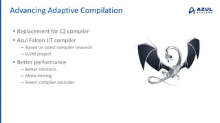 Advancing Adaptive Compilation
• Replacement for C2 compiler
• Azul Falcon JIT compiler
‒ Based on latest compiler research
‒ LLVM project
• Better performance
‒ Better intrinsics
‒ More inlining
‒ Fewer compiler excludes
 