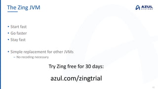 • Start fast
• Go faster
• Stay fast
• Simple replacement for other JVMs
‒ No recoding necessary
The Zing JVM
41
Try Zing free for 30 days:
azul.com/zingtrial
 