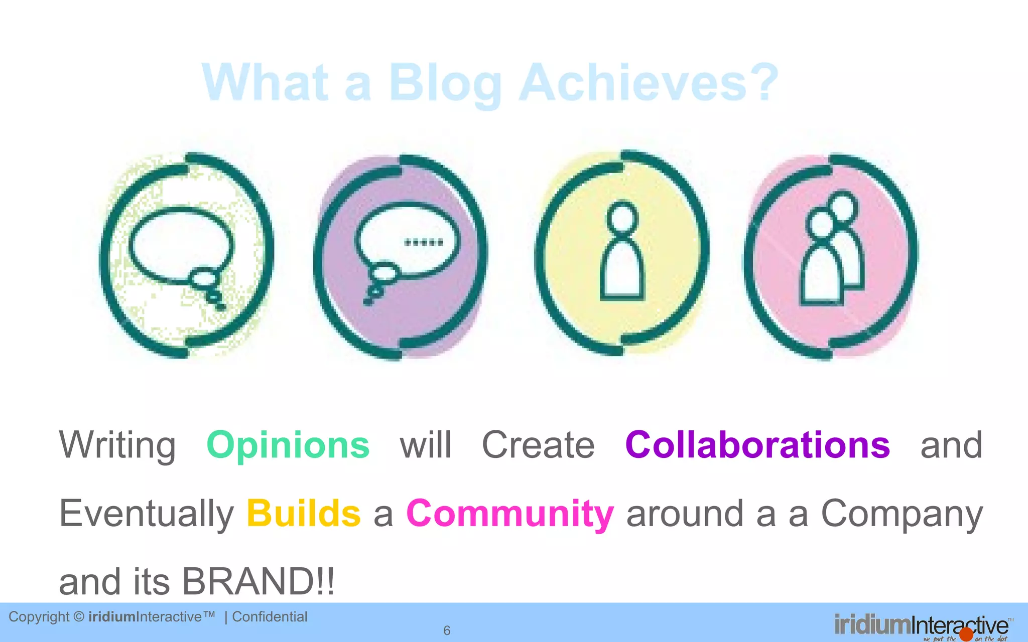 What a Blog Achieves? Writing  Opinions  will Create  Collaborations  and Eventually  Builds  a  Community  around a a Company and its BRAND!! 