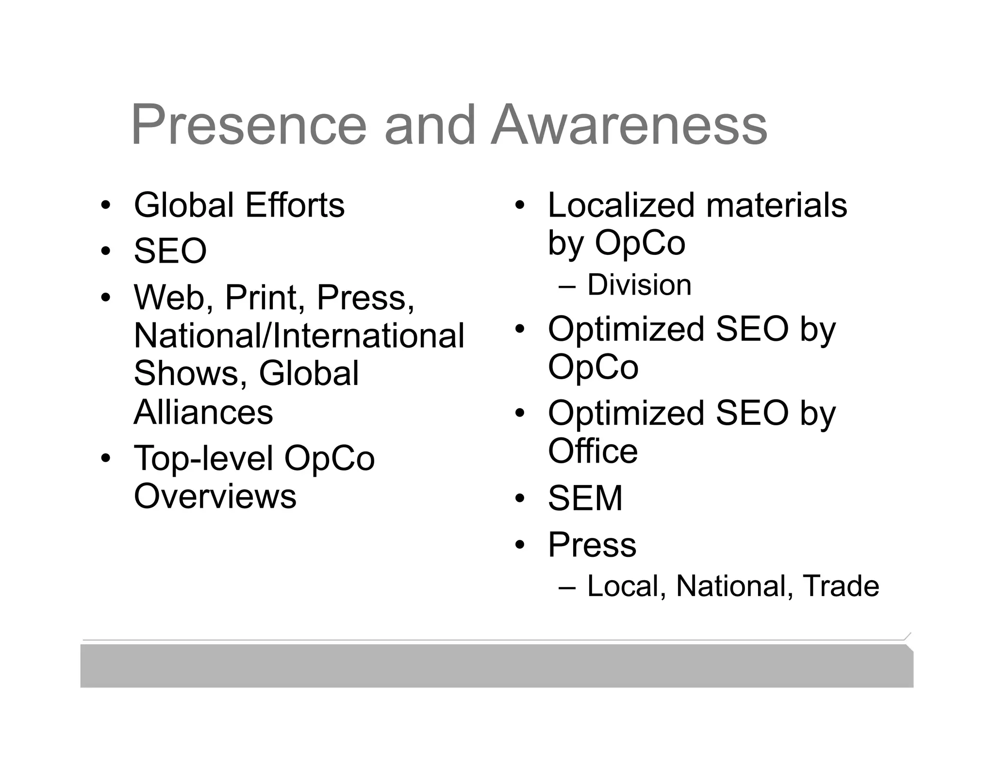 Presence and Awareness
•  Global Efforts           •  Localized materials
•  SEO                         by OpCo
                                            Web Traffic
•  Web, Print, Press,         –  Division
   National/International   •  Optimized SEO by
   Shows, Global               OpCo
   Alliances                •  Optimized SEO by
•  Top-level OpCo              Office
   Overviews                •  SEM
                            •  Press
                              –  Local, National, Trade
 