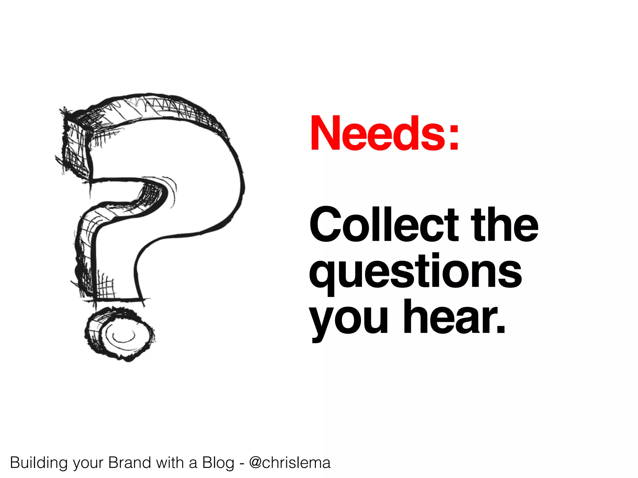 Needs:!
!
Collect the !
questions !
you hear.!
Building your Brand with a Blog - @chrislema!