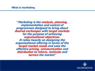What is marketing
“Marketing is the analysis, planning,
implementation and control of
programmes designed to bring about
desired exchanges with target markets
for the purpose of achieving
organisational objectives.
It relies heavily on designing the
organisational offering in terms of the
target market needs and uses the
effective pricing, communication and
distribution to inform, motivate and
service the market”
 