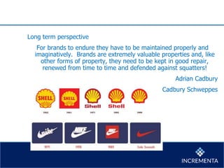 Long term perspective
For brands to endure they have to be maintained properly and
imaginatively. Brands are extremely valuable properties and, like
other forms of property, they need to be kept in good repair,
renewed from time to time and defended against squatters!
Adrian Cadbury
Cadbury Schweppes
 