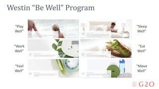 Westin “Be Well” Program
“Play
Well”
“Work
Well”
“Feel
Well”
“Sleep
Well”
“Eat
Well”
“Move
Well”
 