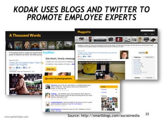KODAK USES BLOGS AND TWITTER TO
   PROMOTE EMPLOYEE EXPERTS




                                                        22
            Source: http://smartblogs.com/socialmedia
 
