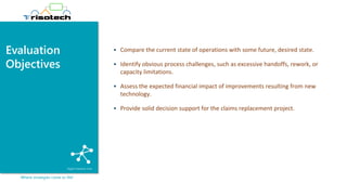 Evaluation
Objectives
Where strategies come to life!
▪ Compare the current state of operations with some future, desired state.
▪ Identify obvious process challenges, such as excessive handoffs, rework, or
capacity limitations.
▪ Assess the expected financial impact of improvements resulting from new
technology.
▪ Provide solid decision support for the claims replacement project.
 