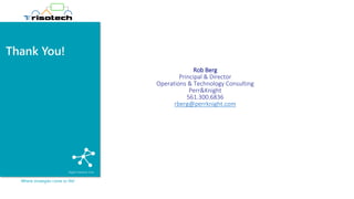 Thank You!
Where strategies come to life!
Rob Berg
Principal & Director
Operations & Technology Consulting
Perr&Knight
561.300.6836
rberg@perrknight.com
 