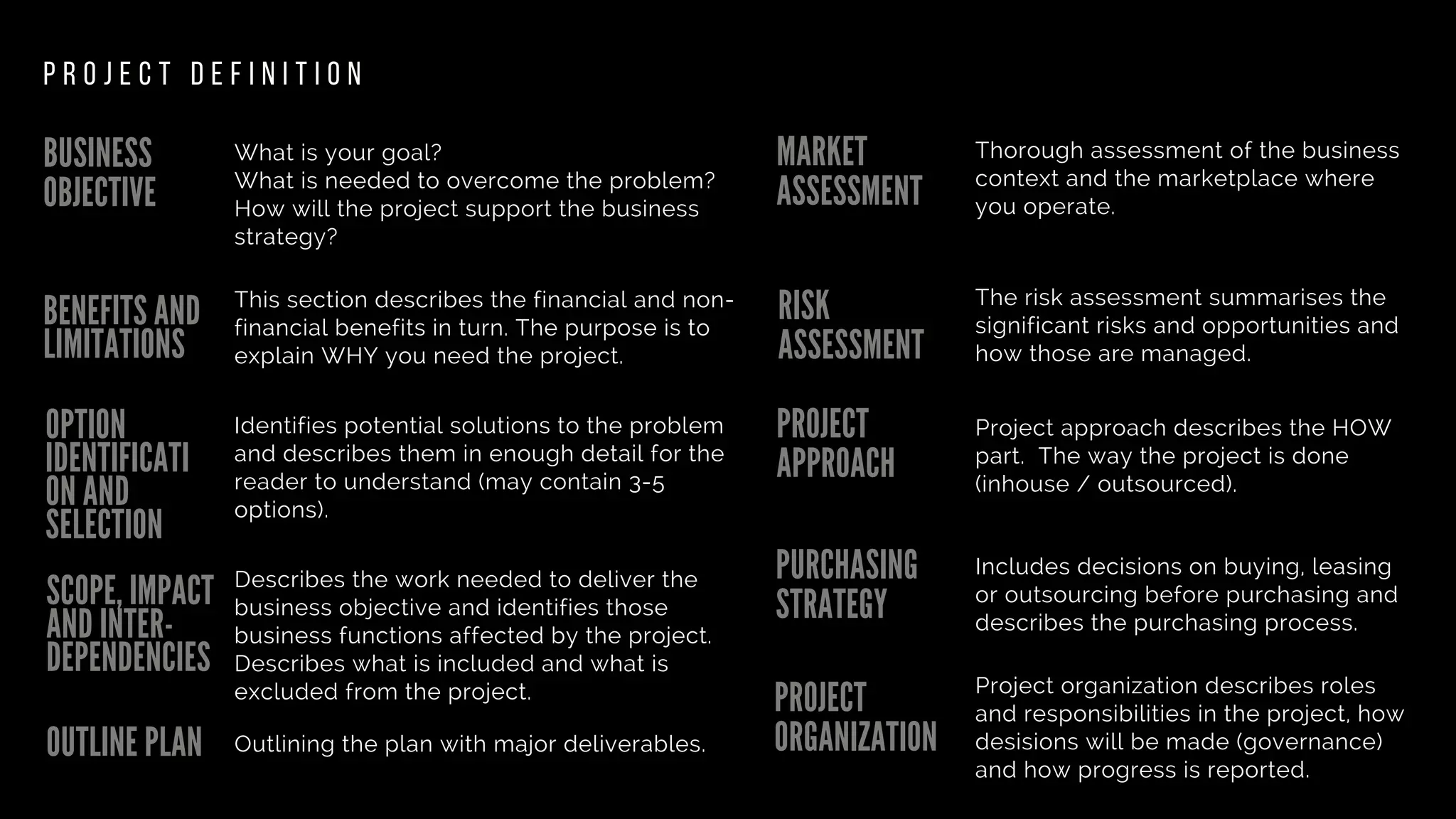 P R O J E C T D E F I N I T I O N
BUSINESS
OBJECTIVE
MARKET
ASSESSMENT
RISK
ASSESSMENT
PROJECT
APPROACH
PURCHASING
STRATEGY
PROJECT
ORGANIZATION
What is your goal?
What is needed to overcome the problem?
How will the project support the business
strategy?
This section describes the financial and non-
financial benefits in turn. The purpose is to
explain WHY you need the project.
Identifies potential solutions to the problem
and describes them in enough detail for the
reader to understand (may contain 3-5
options).
Describes the work needed to deliver the
business objective and identifies those
business functions affected by the project.
Describes what is included and what is
excluded from the project.
Outlining the plan with major deliverables.OUTLINE PLAN
SCOPE, IMPACT
AND INTER-
DEPENDENCIES
OPTION
IDENTIFICATI
ON AND
SELECTION
BENEFITS AND
LIMITATIONS
Thorough assessment of the business
context and the marketplace where
you operate.
The risk assessment summarises the
significant risks and opportunities and
how those are managed.
Project approach describes the HOW
part.  The way the project is done
(inhouse / outsourced).
Includes decisions on buying, leasing
or outsourcing before purchasing and
describes the purchasing process. 
Project organization describes roles
and responsibilities in the project, how
desisions will be made (governance)
and how progress is reported.
 