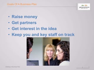 Goals Of A Business Plan
• Raise money
• Get partners
• Get interest in the idea
• Keep you and key staff on track
Building A Business Plan 3
 