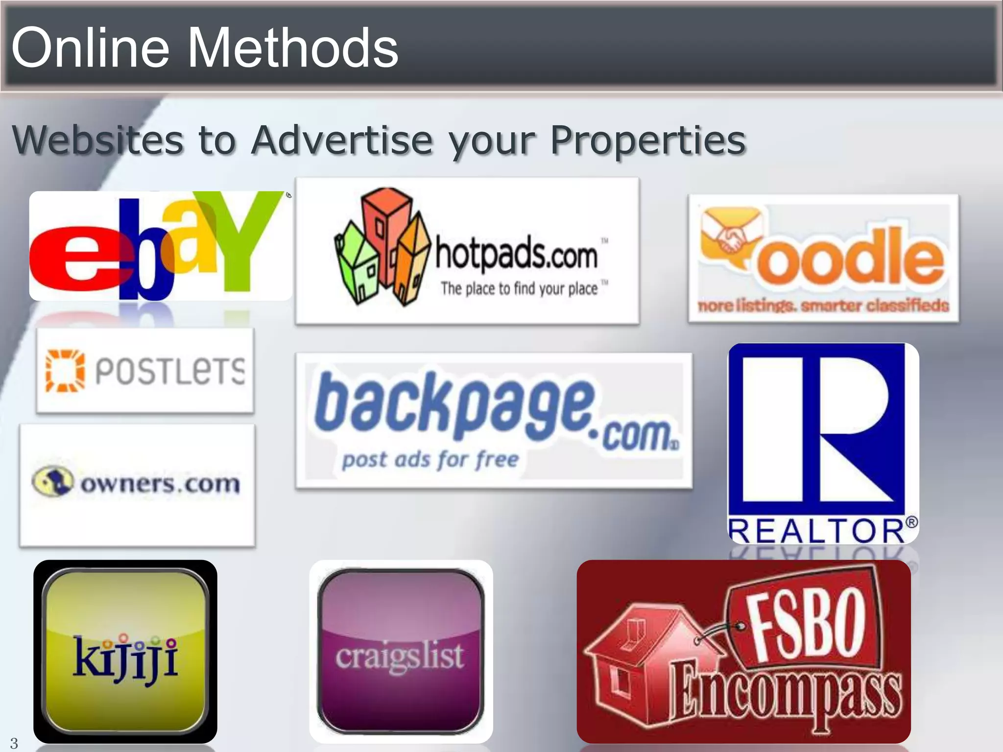 Online Methods
Websites to Advertise your Properties




3
 