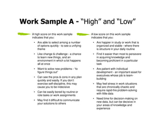 Work Sample A - “High” and “Low”
   A high score on this work sample            A low score on this work sample
   indicates that you:                         indicates that you:
    • Are able to select among a number         • Are happier in study or work that is
      of options quickly - to see a unifying      organized and stable - where there
      theme                                       is structure in your daily routine
    • Like change & challenge - a chance        • Find it easier than most to persevere
      to learn new things, and an                 in acquiring knowledge and
      environment in which a lot happens          becoming proficient in a particular
      all at once                                 task
    • Want to solve new problems - “to          • Are patient with individual
      figure things out”                          development - an important asset for
                                                  executives whose job is team-
    • Can see the pros & cons in any plan
                                                  building
      quickly and easily. If you don’t
      exercise self-discipline, this may        • May feel stress in work situations
      cause you to be indecisive                  that are chronically chaotic and
                                                  require rapid-fire problem-solving
    • Can be easily bored by routine or
                                                  with little data
      rote tasks or work assignments
                                                • Need time for decision-making on
    • May find it difficult to communicate
                                                  new data, but can be decisive in
      your solutions to others
                                                  your areas of knowledge and
                                                  experience
 