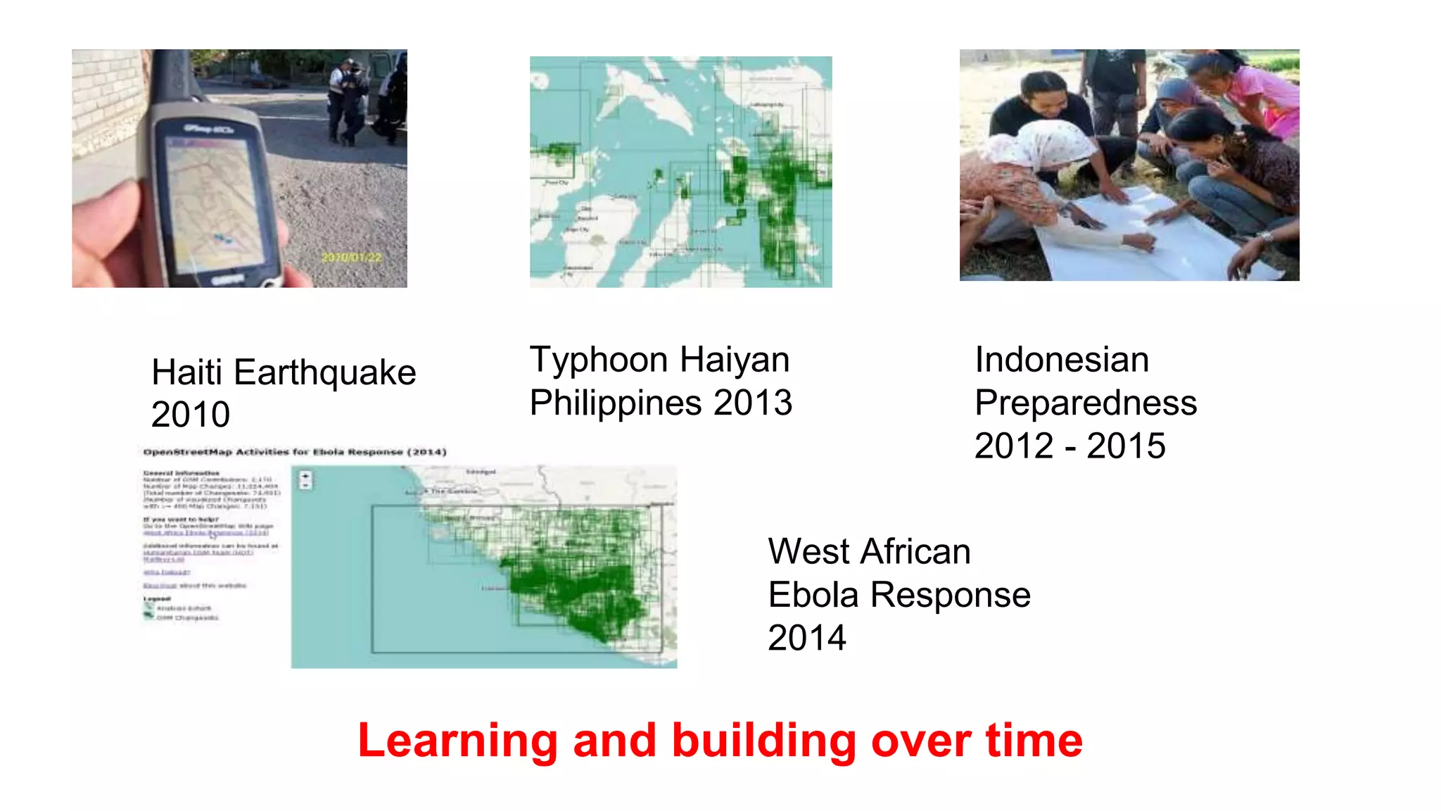 Learning and building over time
Haiti Earthquake
2010
Typhoon Haiyan
Philippines 2013
Indonesian
Preparedness
2012 - 2015
West African
Ebola Response
2014
 