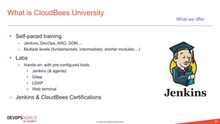 © 2020 All Rights Reserved. 10
• Self-paced training
– Jenkins, DevOps, ARO, SDM,...
– Multiple levels (fundamentals, intermediate, shorter modules,...)
• Labs
– Hands-on, with pre-configured tools:
• Jenkins (& agents)
• Gitea
• LDAP
• Web terminal
• Jenkins & CloudBees Certifications
What is CloudBees University
What we offer
 