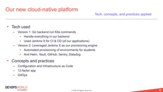 © 2020 All Rights Reserved. 18
• Tech used
– Version 1: Go backend run K8s commands
• Handle everything in our backend
• Used Jenkins X for CI & CD (of our applications)
– Version 2: Leveraged Jenkins X as our provisioning engine
• Automated provisioning of environments for students
• And Helm, Vault, GitHub, Sentry, Datadog
• Concepts and practices
– Configuration and Infrastructure as Code
– 12-factor app
– GitOps
Our new cloud-native platform
Tech, concepts, and practices applied
 