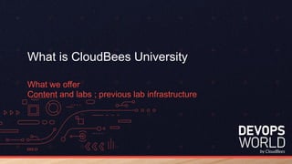 What is CloudBees University
What we offer
Content and labs ; previous lab infrastructure
 