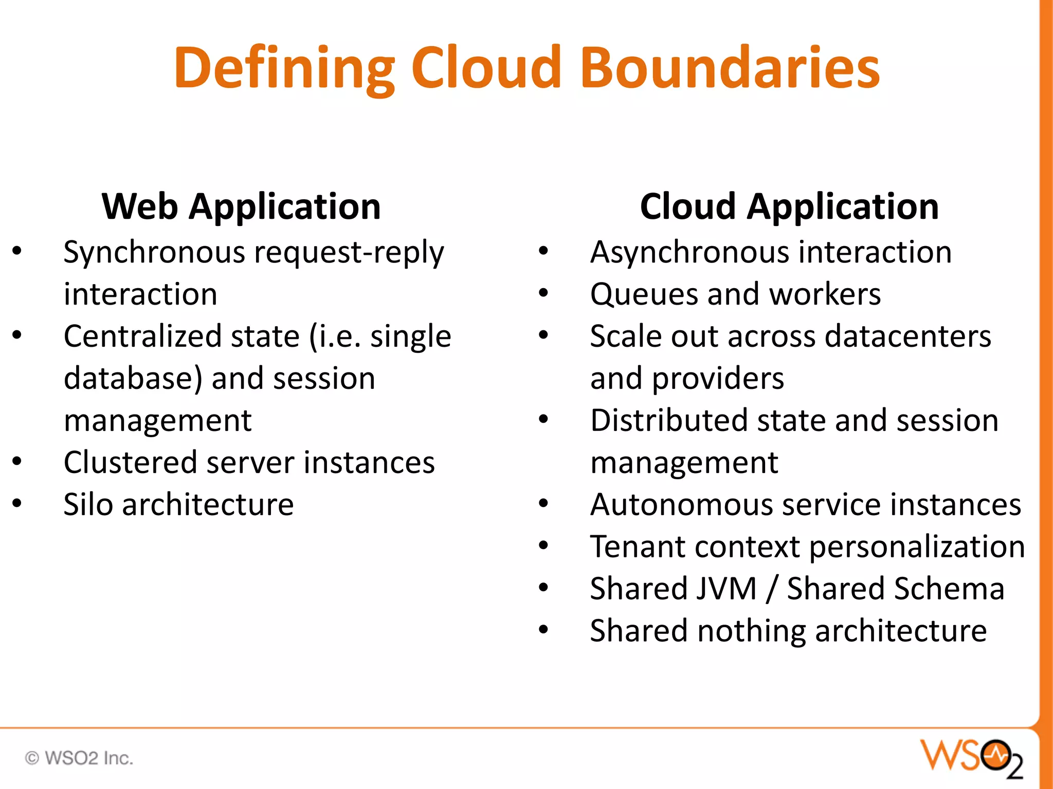 Defining Cloud Boundaries

      Web Application                       Cloud Application
•   Synchronous request-reply        •   Asynchronous interaction
    interaction                      •   Queues and workers
•   Centralized state (i.e. single   •   Scale out across datacenters
    database) and session                and providers
    management                       •   Distributed state and session
•   Clustered server instances           management
•   Silo architecture                •   Autonomous service instances
                                     •   Tenant context personalization
                                     •   Shared JVM / Shared Schema
                                     •   Shared nothing architecture
 