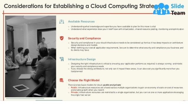 Considerations for Establishing a Cloud Computing Strategy
5
Available Resources
o Understanding what knowledge and expertise you have available to plan for this move is vital
o Understand what experience does your it staff have with virtualization, shared resource pooling, monitoring and optimization
Security and Compliance
o Security and compliance in your cloud infrastructure needs to be considered up front as it has deep impacts on architecture
design decisions and models
o When defining your overall application requirements, be sure to determine what security and compliance your business and
its clients may have
Infrastructure Design
o Designing the right infrastructure is critical to ensuring your application performs as required, is always running and meets
your security and compliance needs
o If you choose the wrong architecture, not only can it impact these areas, it can also cost you significantly more than you
had planned
Choose the Right Model
There are two basic models for cloud: public and private
o Public: infrastructure resources are shared across multiple organizations to gain an economy of scale on cost of resources
and enable growth when you need it
o Private: infrastructure resources are restricted to a single organization, but you can run one or more applications leveraging
the single host server
This slide is 100% editable. Adapt it to your needs and capture your audience's attention.
 
