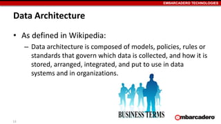 EMBARCADERO TECHNOLOGIES
Data Architecture
• As defined in Wikipedia:
– Data architecture is composed of models, policies, rules or
standards that govern which data is collected, and how it is
stored, arranged, integrated, and put to use in data
systems and in organizations.
13
 