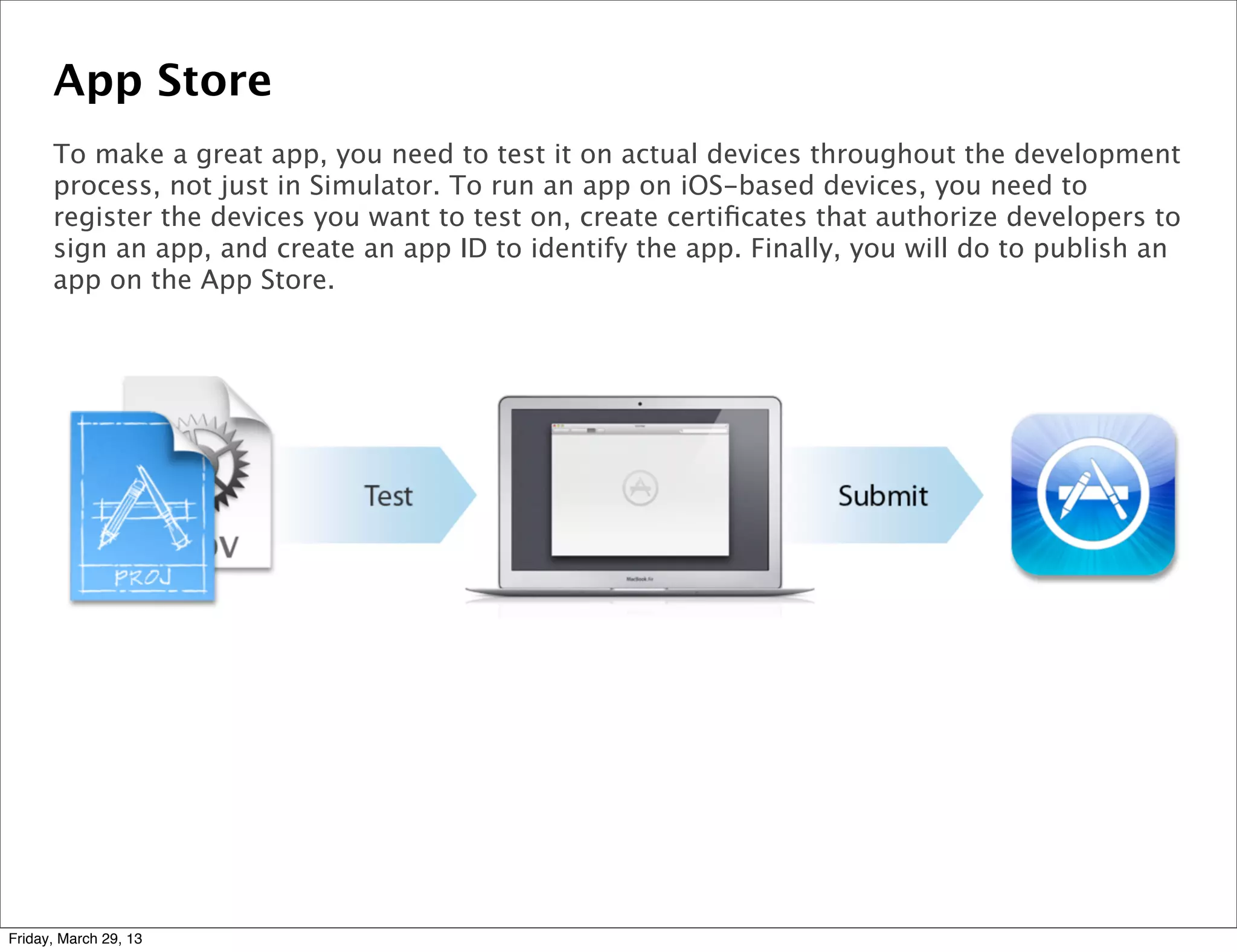 App Store
To make a great app, you need to test it on actual devices throughout the development
process, not just in Simulator. To run an app on iOS-based devices, you need to
register the devices you want to test on, create certiﬁcates that authorize developers to
sign an app, and create an app ID to identify the app. Finally, you will do to publish an
app on the App Store.
Friday, March 29, 13
 