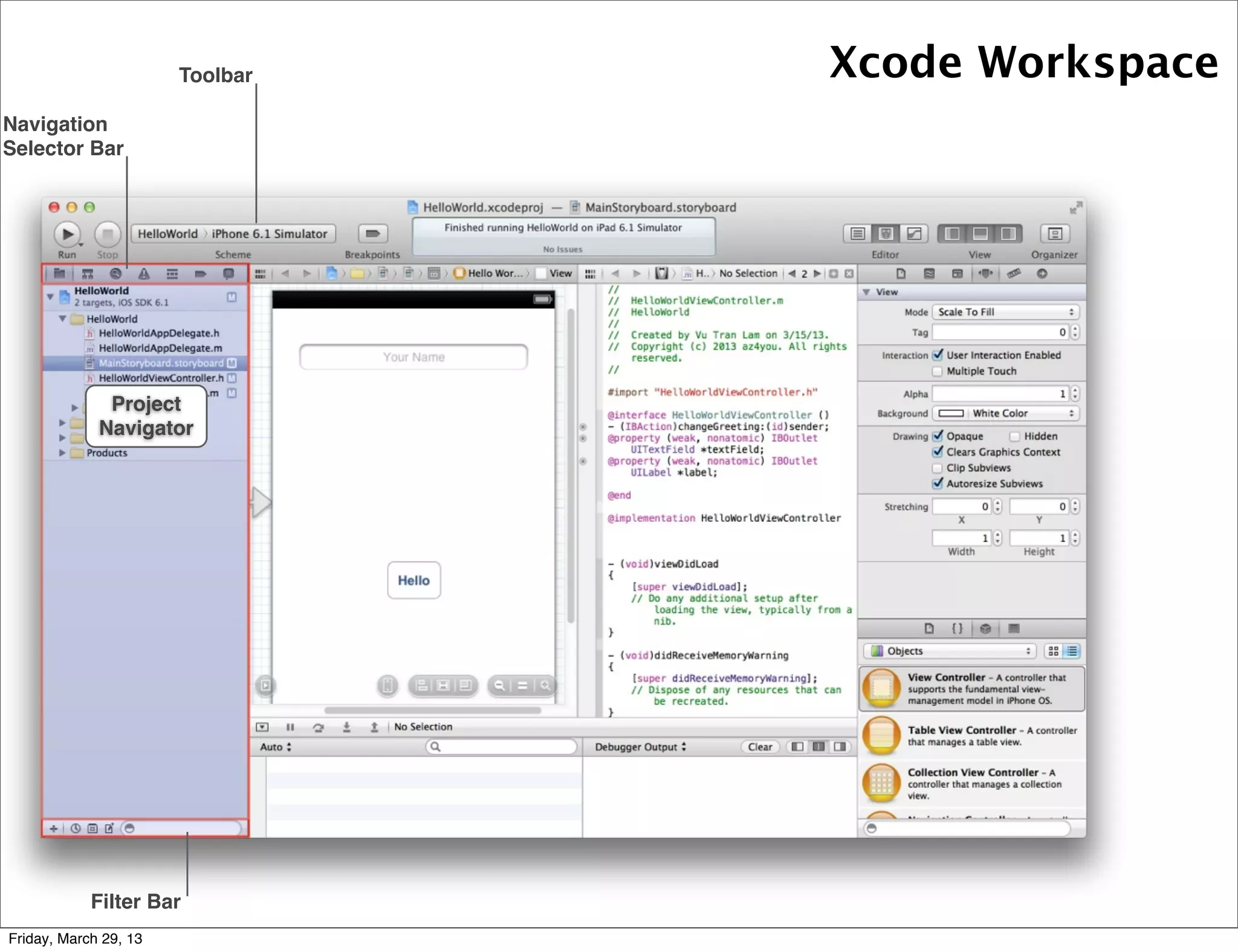 Toolbar
Navigation
Selector Bar
Filter Bar
Project
Navigator
Xcode Workspace
Friday, March 29, 13
 