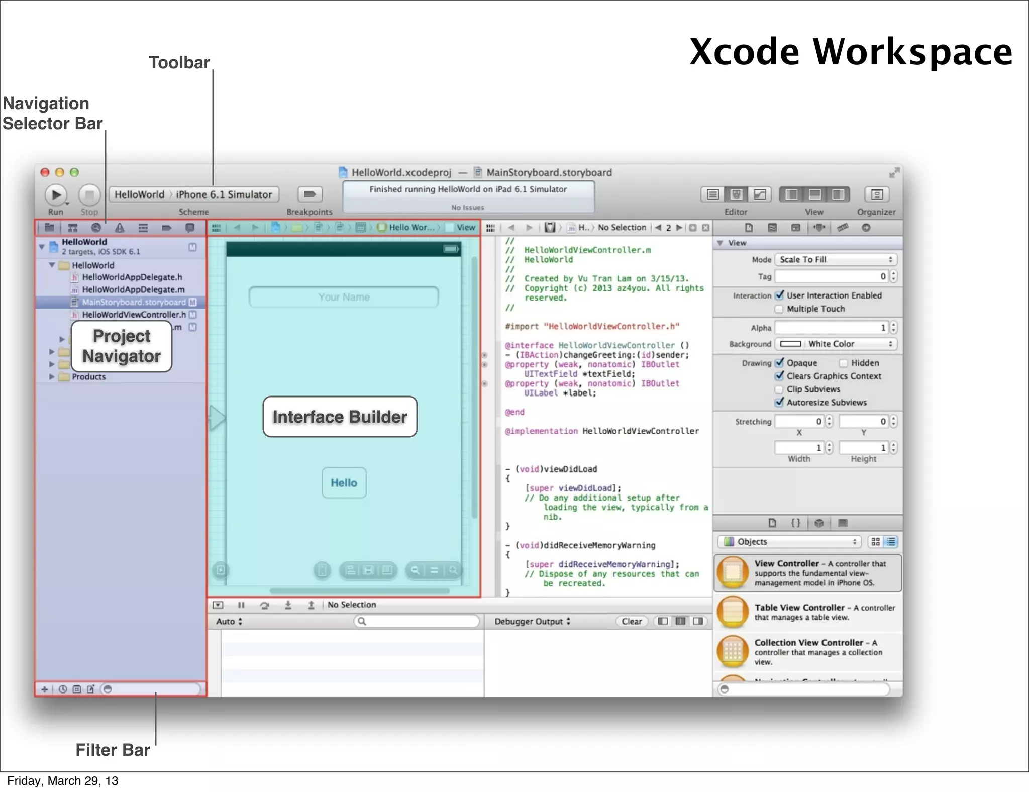 Toolbar
Navigation
Selector Bar
Filter Bar
Interface Builder
Project
Navigator
Xcode Workspace
Friday, March 29, 13
 